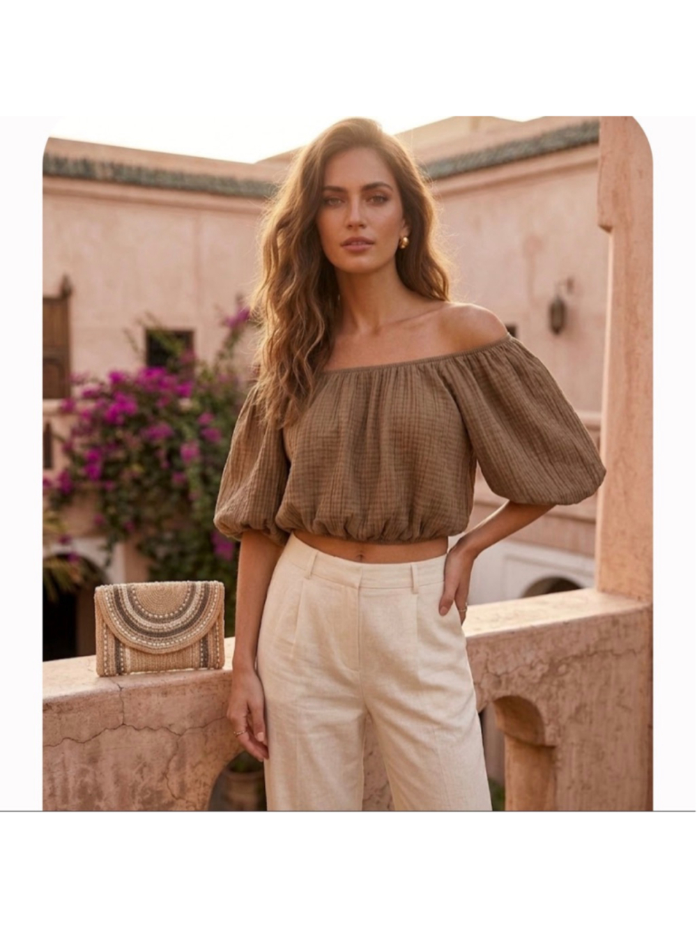 OAK + FORT Textured Off Shoulder Puff Sleeve Crop Top M Going Out Boho